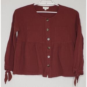 Promesa Women's Top Small L/S Maroon Muslin Babydoll Tie Sleeve Button Front